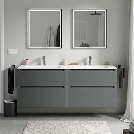 BERNSTEIN - Mobile lavabo doppio sospeso MDF antracite opaco, lavelli Ghisa bianco opaco + fori rubinetteria, cassetti girevoli - 160x46x62cm - VIREO	Antracite opaco, Bianco opaco con foro rubinetto