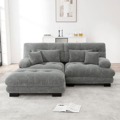 Canapé d'angle - SOGEU - Modulable - Réversible - Chenille gris - Ottoman mobile (1/5)