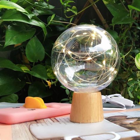 Lampe De Table Boule - Base En Bois - LED Blanc Chaud - Pour Chambre À Coucher Salon Lecture - 13 X 10 X 10 Cm - 1 Pièce (1/5)