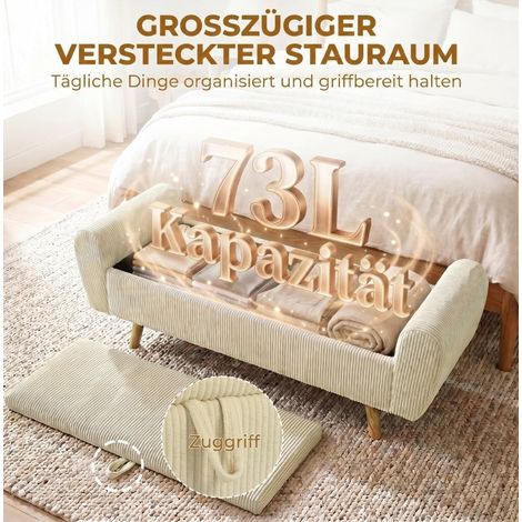 Banc de rangement en velours côtelé beige avec pieds en bois et accoudoirs arrondis (1/5)