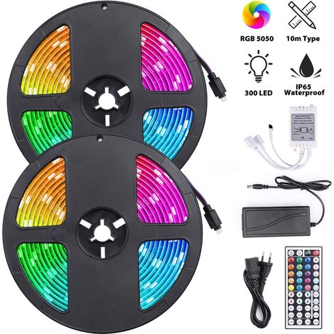 RGB-LED-Lichtstreifen, 10 m LED-Streifen mit 300 LEDs, selbstklebender, ferngesteuerter Streifen, IP65, wasserdicht für Partyrückwände (2 x 5 m LED-Streifen) (1/5)