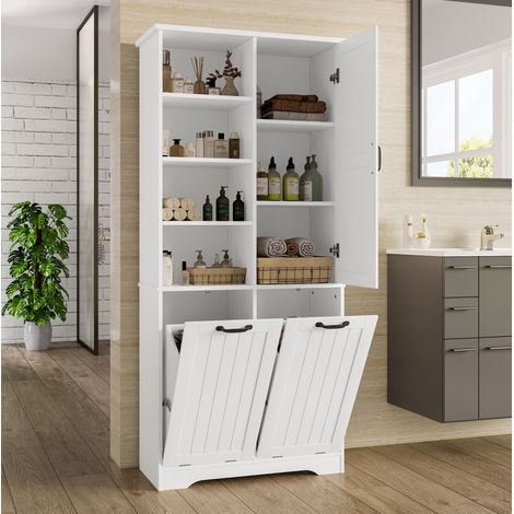 Armadio bagno 78×35×172,7 cm in MDF bianco, 2 cesti, per bagno piccolo – MEUBLIV (1/5)