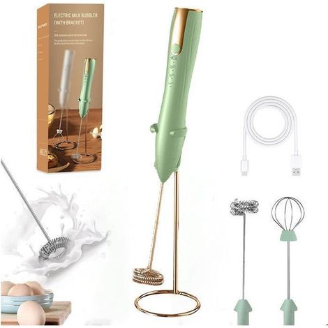Milchaufschäumer, USB-wiederaufladbarer, tragbarer Mini-Elektro-Schneebesen mit 3 Geschwindigkeitsstufen, Edelstahlständer und Doppelspiralkopf – Grün (1/5)