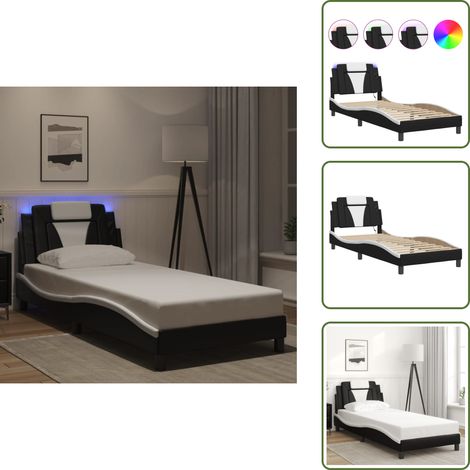 The Living Store Cadre de lit avec LED sans matelas noir et blanc 80x200 cm - Lit Plateforme - Lit Design - Cadre Lit - Lit Double - Tête De Lit Capitonnée