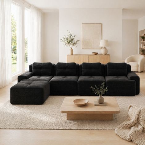 Canapé d'angle modulaire 4 places avec chaise longue en velours côtelé noir, sans montage DESVIAE (1/5)