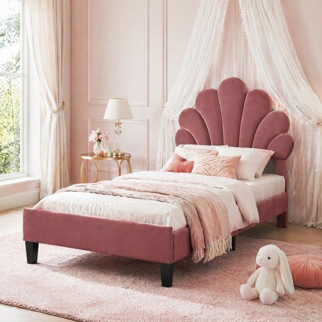 Lit enfant 90 x 200 cm en velours rouge avec tête de lit fleur, sommier à lattes, structure MDF et panneaux de particules – de FLORAGRACE pour chambre (1/5)