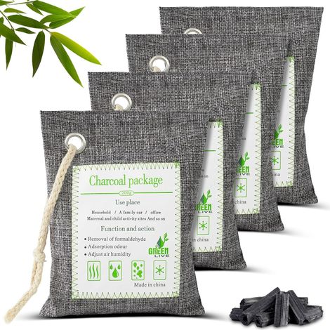 Sac Désodorisant en Bambou Naturel, Lot de 4 Purifiants d'air en Charbon de Bambou, Filtre à Charbon Actif, Sac de Purification Pour Armoire, Chaussures, Salle De Bain, Cave, Voiture (1/5)