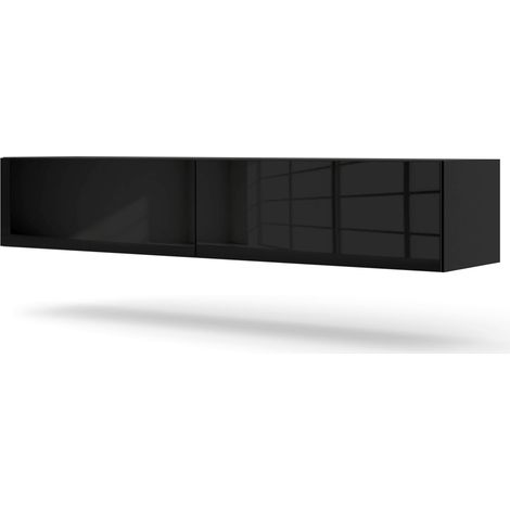 Bim Furniture – Meuble TV suspendu 160 cm noir mat – Façades en MDF brillant – Panneaux laminés 16 mm – Rangement avec portes abattantes (1/6)