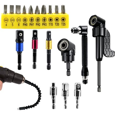 Kit d'accessoires d'angle 105° pour visseuse - Accessoire d'angle avec rallonge - Adaptateur pour douilles - Accessoire d'angle pour visseuses sans fil - Arbre flexible pour perceuses d'angle lot de (1/5)