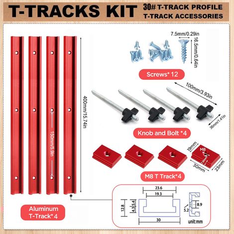 Ensemble de rainure en T et de glissière rouge Ensemble de rainures en T et de glissières T30 pour le travail du bois (rouge/bleu/argent) - Outils de modification d'établi pour le travail du bois à fa (1/4)