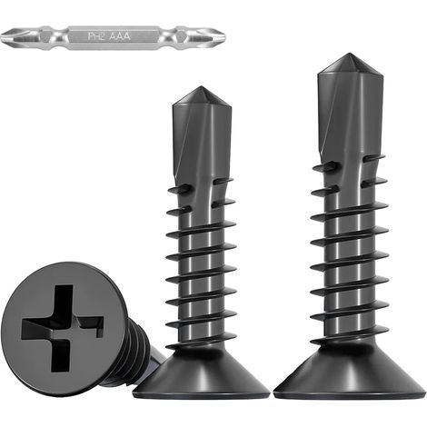120 Pièces Vis Autoforeuse Metal Noir,M4.2x13mm Vis à Tôle Autotaraudeses et Autoperceuse Autoperforante Inox 410 Cruciforme Tête Fraisée Plate pour Aluminium Bois Tôle Plastique. (1/5)