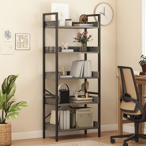 Bibliothèque Haute et Large à 5 Niveaux - Étagère en Bois - Étagère Solide avec Cadre en Acier - pour Salon, Bureau à Domicile - Gris (1/5)