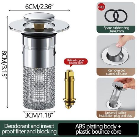 Bouchon Lavabo Attrape-Cheveux - Mécanisme Pop-Up - Panier Filtrant Amovible en Acier Inoxydable - Compatible Diamètre 26 à 30 mm - 1 Pièce