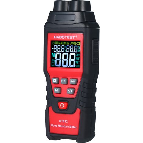 Détecteur d'humidité numérique pour bois 0-99,9 % avec sonde à 2 pointes, rétroéclairage, thermomètre, hygromètre, testeur d'humidité pour papier, béton, ciment, étalonnage, max/min (1/2)