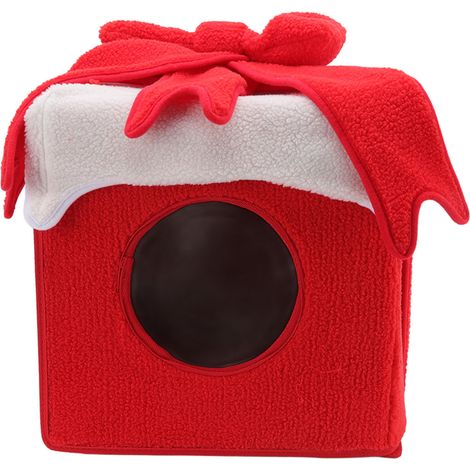Panier de Noël pour chat, style boîte de Noël, doux et confortable, couleurs vives, tente de Noël pour chat rouge (1/5)