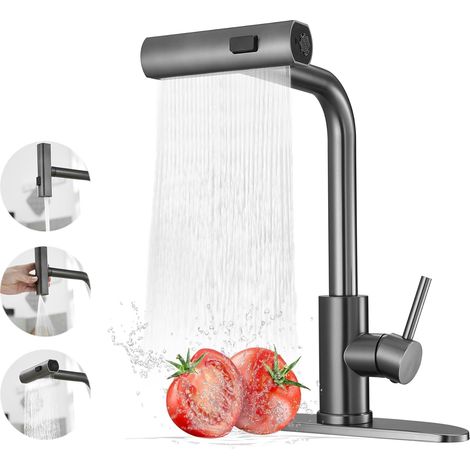 Robinet de cuisine cascade, mitigeur avec douchette extractible, robinet d'eau chaude et froide, gunite (3 fonctions) (1/5)