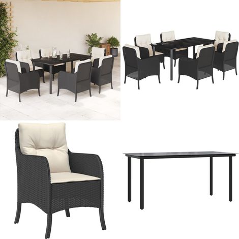 7-tlg. Garten-Essgruppe mit Kissen Schwarz Poly Rattan - Gartenstuhl - Gartentisch (1/5)