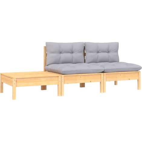 Salon de jardin 3 pcs Ensemble Table et Chaise de Jardin - avec coussins gris Bois de pin massif BV159387 - BonneVie (1/5)
