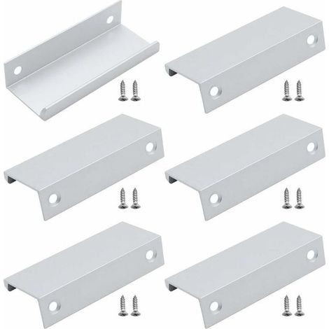 6 tiradores de aluminio invisibles para cajones, armarios y alacenas, plateados, 80 mm de largo, herrajes para armarios, de DEBUNS (1/5)