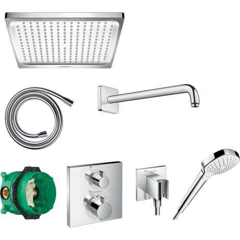 Hansgrohe – Colonne de douche encastrée thermostatique – Mitigeur thermostatique – Douche de tête orientable 240x240mm – 3 types de jet – Installation murale