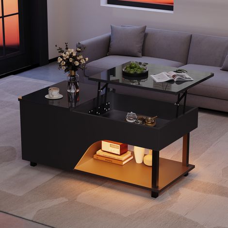 Table basse relevable LED 100 x 50 x 46 cm avec coffre caché, niche ouverte et rangements latéraux réglables, noir brillant