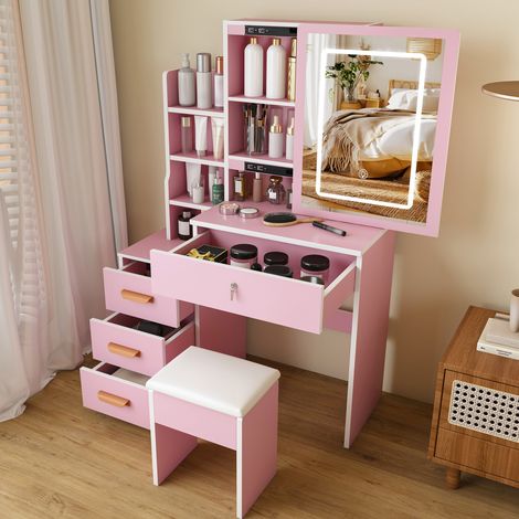 Coiffeuse 85/36/130 cm rose avec miroir LED, 4 tiroirs et tabouret (1/5)