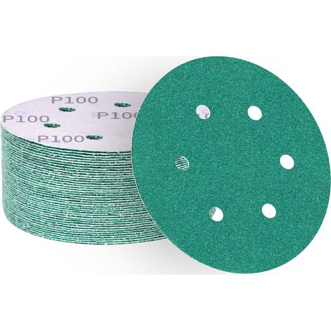 Disques abrasifs 150 mm grain 100, papier abrasif en alumine calcinée 6 trous, revêtement abrasif antiadhésif pour ponceuse orbitale (50 pièces) (1/5)