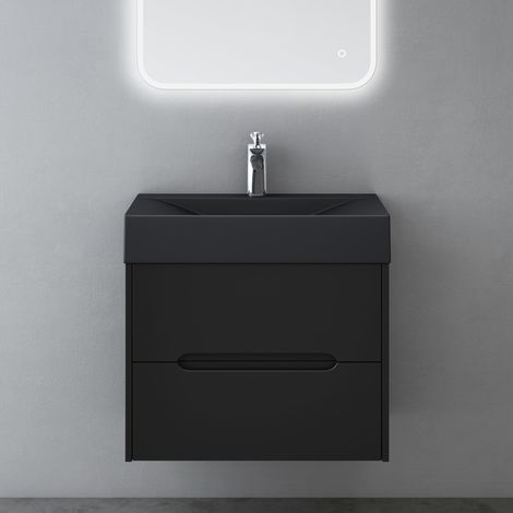 Mai & Mai Meuble de Salle de Bain Suspendu 60x56x48cm avec 2 Tiroirs et Lavabo Meuble Sous Lavabo Noir Mat Yoga-Lackier (1/5)