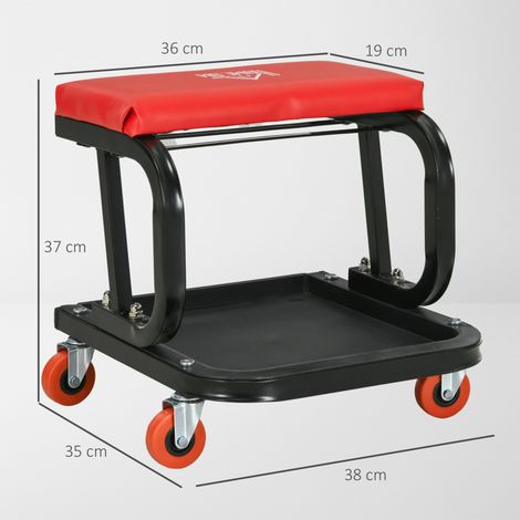 Sgabello da officina con seduta imbottita e vano porta utensili, struttura in acciaio, rosso (1/4)