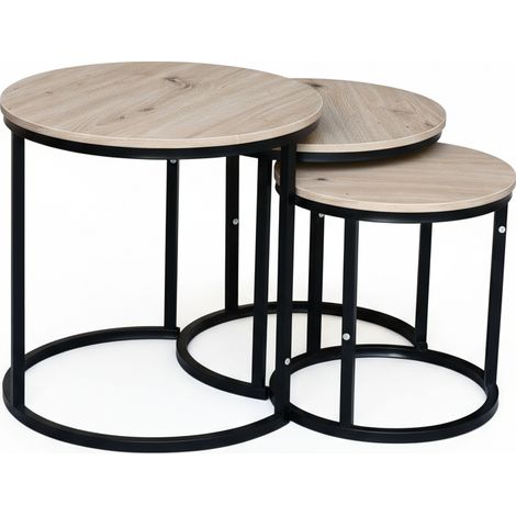 Set 2 Tavolini Caffè Tondi Industriali Rovere Metallo Salotto Soggiorno