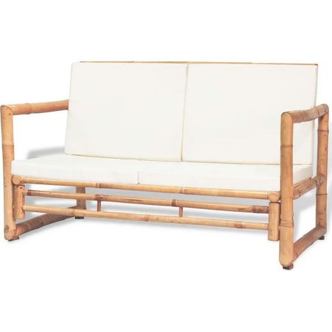 Canapé de jardin 2 places bambou et polyester blanc Maboun (1/5)