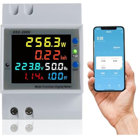 Contatore di energia monofase WiFi, contatore elettrico CA 40-300 V 100 A, wattmetro monofase, contatore per guida DIN, voltmetro/amperometro watt/kWh con display LCD, adatto per la misurazione della 