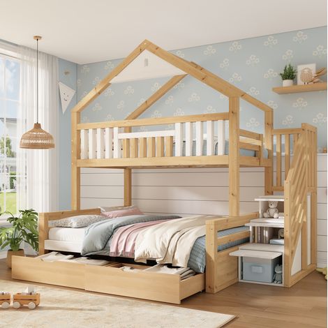 Lit superposé enfant 90x200 et 140x200 cm avec toit, escalier et 2 tiroirs, blanc chêne (1/5)