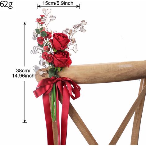 Décoration d'allée nuptiale : fleurs artificielles romantiques pour bancs, avec rubans suspendus, couleur rouge vin, pour la cérémonie et la réception de mariage.