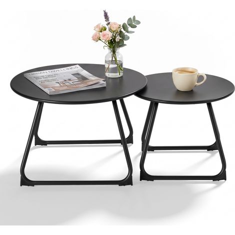 NATURAL EXPRESSIONS Lot de 2 tables basses rondes en aluminium gris foncé, résistantes aux intempéries, tables d’appoint intérieur extérieur, pour terrasse, balcon et jardin (1/5)