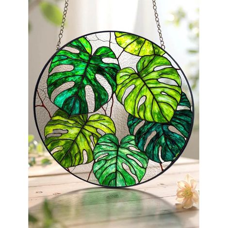 Attrape-soleil vitrail Monstera 9 cm, décoration fenêtre bohème