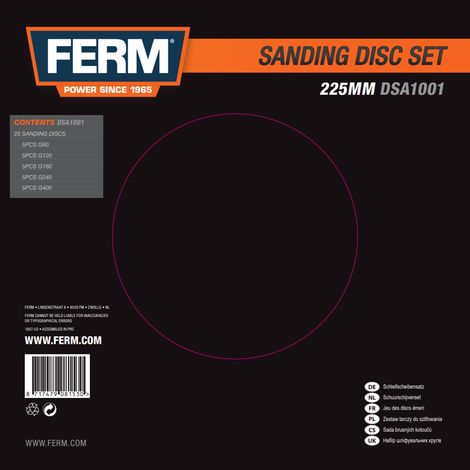 FERM Schleifscheiben-Set 225 mm 25 Stück G60, G120, G180, G240, G400 (je 5 Stück) für u. a. DSM1010.