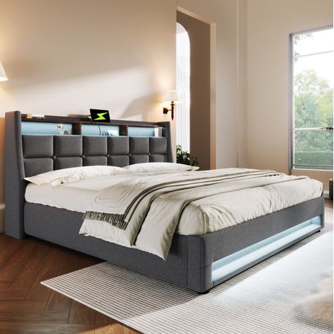Cama tapizada 180x200 cm gris de lino con LED, USB y somier de láminas metálico (1/5)