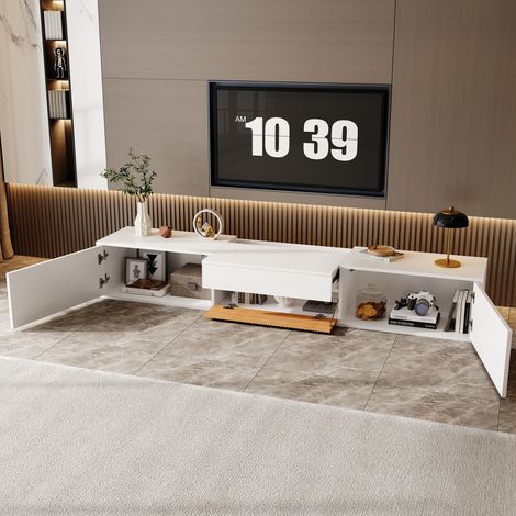 DESMIU Meuble TV avec 2 portes et niches ouvertes, plateau coulissant pour projecteur, pour salon, en panneau de particules, blanc (1/5)