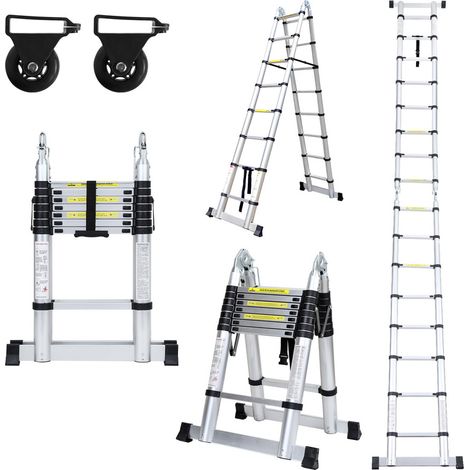 SWANEW Teleskopleiter Ausziehleiter Klappleiter Stabil Aluminium Stehleiter bis 150kg 2,5m+2,5m Silber ohne haken Mit Stabilisator Mit Rädern (1/5)
