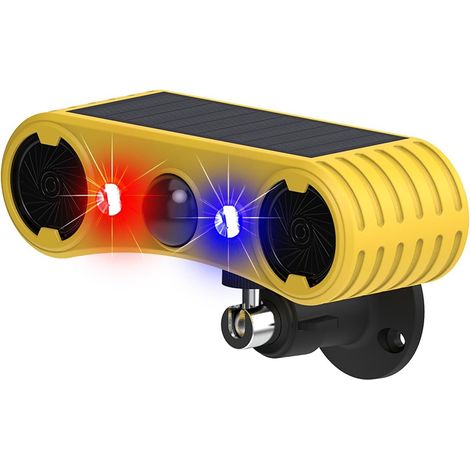 Détecteur de mouvement solaire avec 13 sons, double haut-parleur, 129 dB, bruit de tir, son d'aboiement de chien, LED rouge et bleu, avertissement de sécurité, lumière stroboscopique pour (1/5)