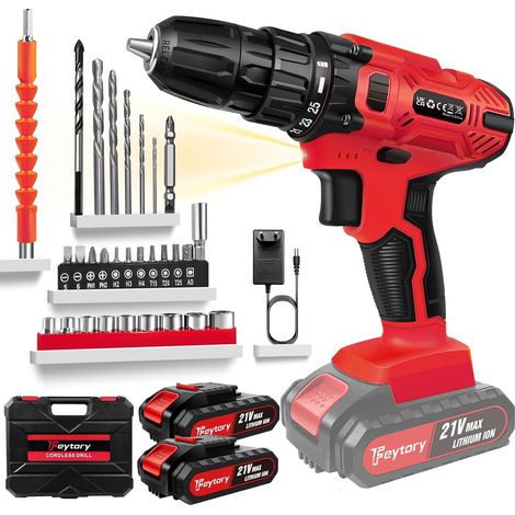Tournevis sans fil, tournevis électrique 21V, équipé de 2 batteries, perceuse à percussion 45Nm, 25 + 1 réglage du couple, 2 vitesses, 29 accessoires, lumières LED (1/5)