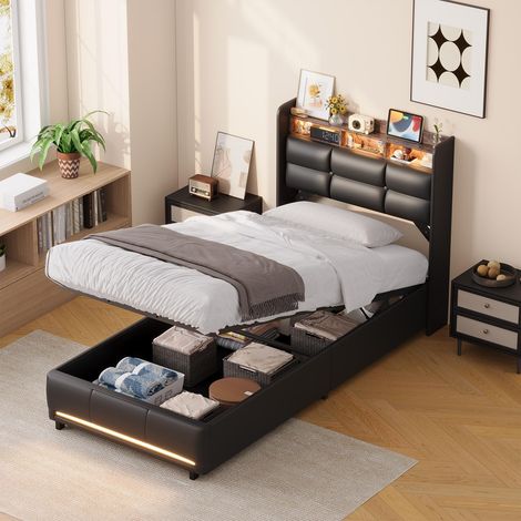 Letto 90x200 cm - Letto contenitore 90x200 cm con rete - con testiera modulabile LED RGB, vano portaoggetti, ricarica USB e ricarica a induzione - PU nero (1/5)