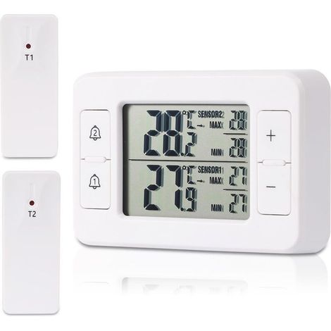 Thermomètre pour réfrigérateur et congélateur avec 2 capteurs sans fil, thermomètre intérieur/extérieur, alarme de température, MIN/MAX, indicateur de tendance de température. (1/5)