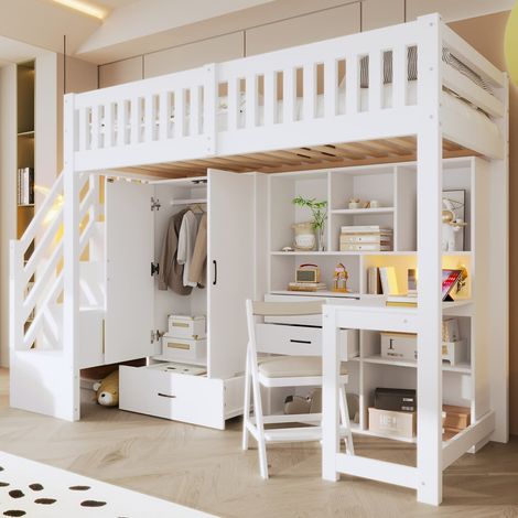 Lit mezzanine 90x200 cm blanc avec échelle, rangements, penderie, bureau et tiroirs (1/5)