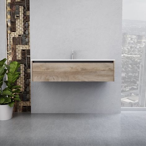 Inda - Badezimmerschrank 1 Schublade B.120 mit glänzendem Waschbecken / Natureiche - Smeraldo