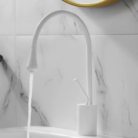 Robinet de Lavabo Blanc Mat en Acier Inoxydable - Mitigeur Chaud/Froid Pivotant avec Flexible d'Alimentation Inclus (Modèle Bas) (1/5)
