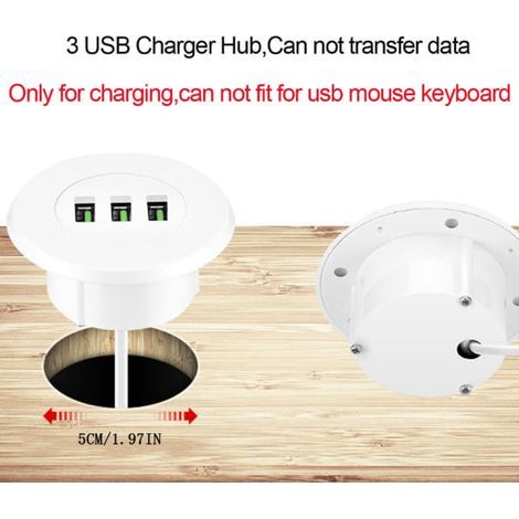 Chargeur de bureau USB à 3 ports, station de charge se fixant sur un trou traversant de 50 mm (2 pouces), adaptateur inclus et câble d'alimentation de 1,5 m, blanc. (1/4)