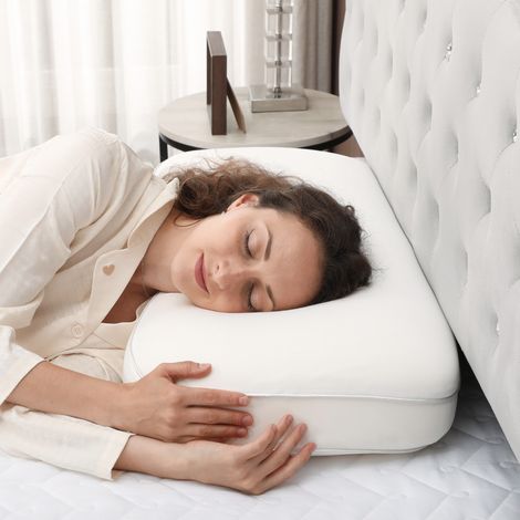 Oreiller viscoélastique 81 x 40 cm, en mousse viscoélastique ergonomique pour dormir sur le côté ou sur le dos, couleur crème.