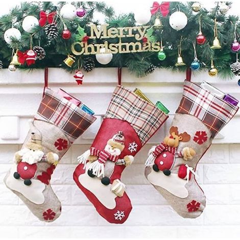 Chaussette De Noël - 3 Pièces - Pour Décoration De Cheminée Ou Manteau - Idéal Pour Cadeaux Festifs (1/4)